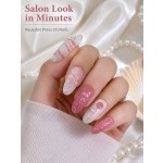 3D Jellyfish Shell Press‑On Nails, Pink‑White Ocean‑Style Almond False Nails with Pearl Rhinestones